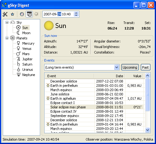 gSky Digest Sun data panel